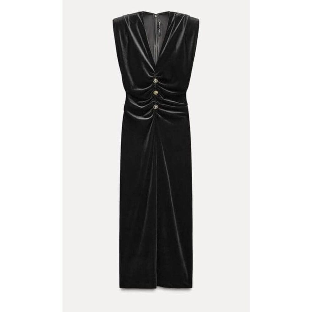 Zara Women Midi Dress Large Black Velvet V Neck Buttoned Sleeveless 9977/185 NWT